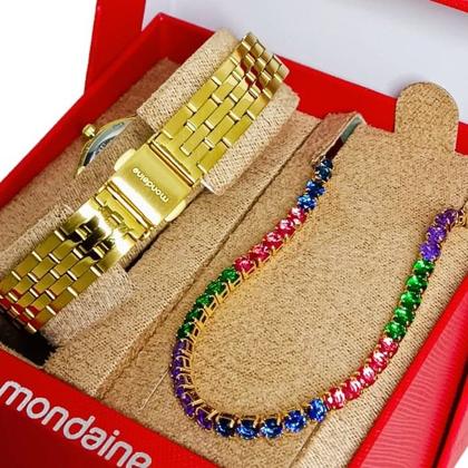 Imagem de Kit Relógio Mondaine Feminino Original Dourado Numerico À Prova D'Água com NF Pulseira 795D