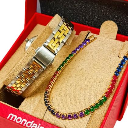 Imagem de Kit Relógio Mondaine Feminino Prata E Dourado À Prova DÁgua Com NF Pulseira 720PD 99916LPMKBE3K1