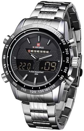 Imagem de Kit relógio naviforce analógico e digitai e corrente em inox, cordão masculino.