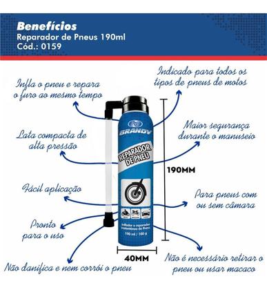 Imagem de Kit Reparador De Pneu Brandy  Moto/Carro Spray 190ml Com 2 Un.