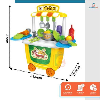 Imagem de Kit Restaurante Mini Chef Faz De Conta Brinquedo Infantil 2 Em 1 Interativo Bancada De Cozinha Completa Comida Pia Com Rodas Baby Style Didático