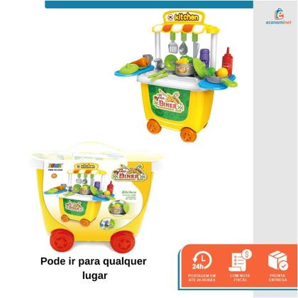 Imagem de Kit Restaurante Mini Chef Faz De Conta Brinquedo Infantil 2 Em 1 Interativo Bancada De Cozinha Completa Comida Pia Com Rodas Baby Style Didático