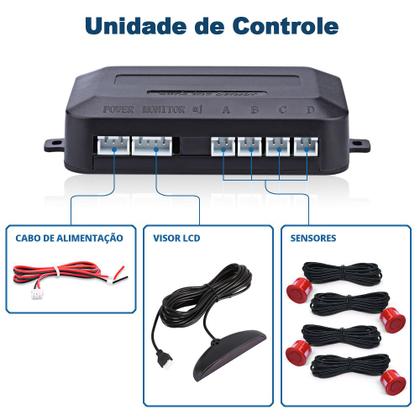 Imagem de Kit Retrovisor C/ Tela + Câmera Ré E Frontal + Sensor Ré Vermelho Golf 1992 1993 1994 1995 1996 1997 1998 Estacionamento