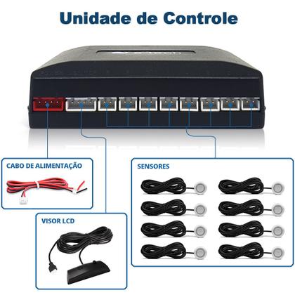 Imagem de Kit Retrovisor C/ Tela + Câmera Ré + Sensor 8 Pontos Prata Celta 2000 2001 2002 2003 2004 2005 Estacionamento Aviso Sonoro