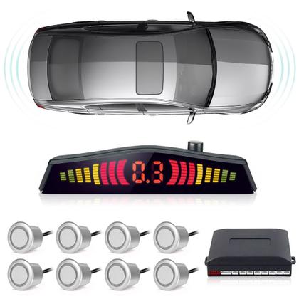 Imagem de Kit Retrovisor C/ Tela + Câmera Ré + Sensor 8 Pontos Prata Suzuki Swift 1998 1999 2000 2001 Estacionamento Aviso Sonoro