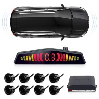 Imagem de Kit Retrovisor C/ Tela + Câmera Ré + Sensor 8 Pontos Preto Golf 1999 2000 2001 2002 2003 2004 2005 Buzzer Linhas Referência