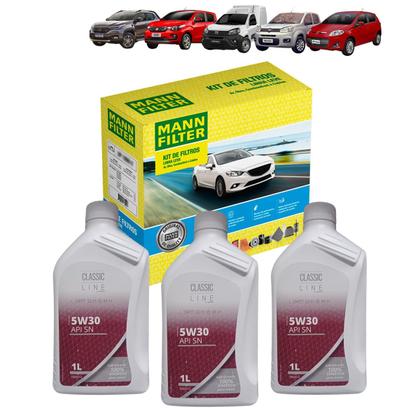 Imagem de Kit Revisão 3 Litros de Óleo Classic Line 5W30 Sintético API SN + Kit de Filtros Mann Filter Fiat Uno 1.0/1.4 8V Flex 2010 até 2016