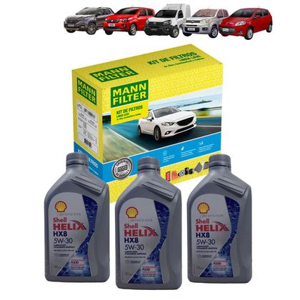 Imagem de Kit Revisão 3 Litros de Óleo Shell Helix 5W30 HX8 Sintético + Kit de Filtros Mann Filter Fiat Mobi 1.0 8V Flex 2017 em diante