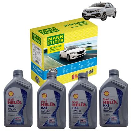 Imagem de Kit Revisão 4 Litros de Óleo Shell Helix 5W30 Sintético HX8 + Kit de Filtros Mann Filter Etios 1.5 16V Flex 2016 em diante