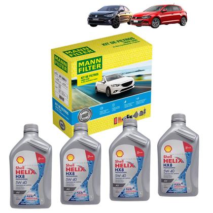 Imagem de Kit Revisão 4 Litros de Óleo Shell Helix 5W40 Sintético HX8 + Kit de Filtros Mann Filter VW Polo 1.0 TSI Flex 2017 em diante