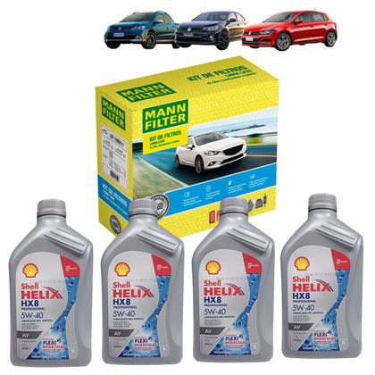 Imagem de Kit Revisão 4 Litros de Óleo Shell Helix 5W40 Sintético HX8 + Kit de Filtros Mann Filter VW Polo  Virtus  Saveiro 1.6 16V Flex 2018 em diante