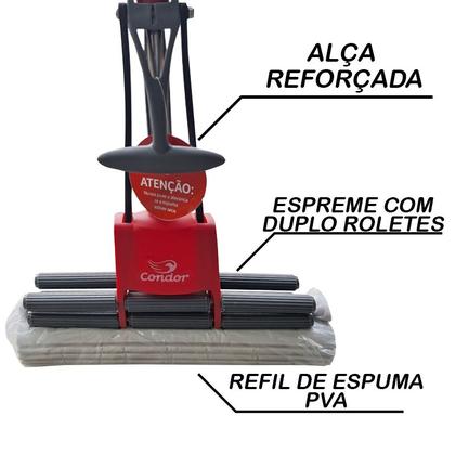 Imagem de Kit Rodo Mop Duplo Rolete Esfregão Espuma PVA Condor Com Cabo Alumínio 1,75 Mts