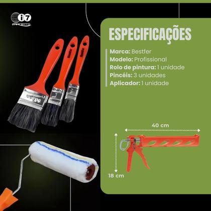 Kit Rolo De Pintura + 3 Pincéis + Aplicador De Silicone - Bestfer Imagem de Kit Rolo De Pintura + 3 Pincéis + Aplicador De Silicone