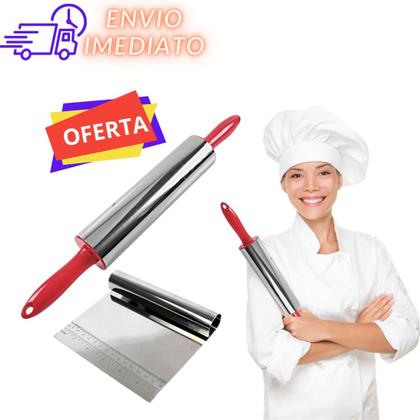 Imagem de Kit Rolo e Espátula Raspador Cortador Confeiteiro Massa em Inox