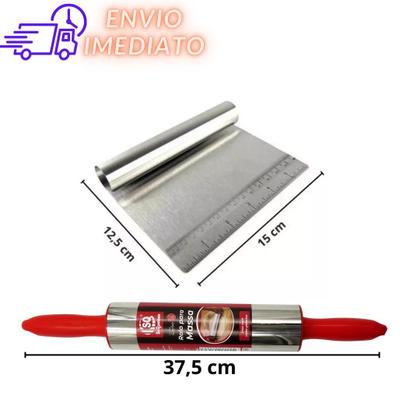 Imagem de Kit Rolo e Espátula Raspador Cortador Confeiteiro Massa em Inox