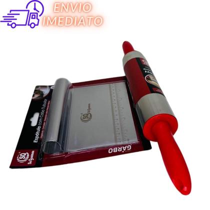 Imagem de Kit Rolo e Espátula Raspador Cortador Confeiteiro Massa em Inox