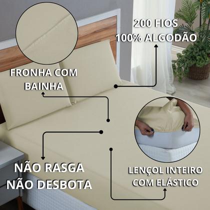 Imagem de Kit Roupa de Cama Casal Percal 200 Fios 100% Algodão com Elástico e Fronhas 4 Peças