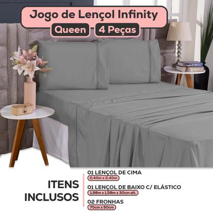 Imagem de Kit Roupa de Cama Jogo de Lençol Casal Queen 04 Peças Micropercal 400 Fios Ponto Infinity Moderno Toque Acetinado Macio Liso Hotel Pousada