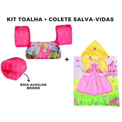 Imagem de Kit roupão capuz infantil + colete salva-vidas princesa