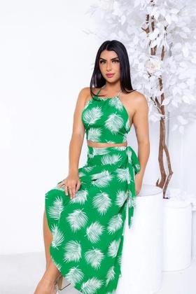 Imagem de Kit Saia Envelope Midi Longa Transpassada E Cropped - FOLHAS VERDE