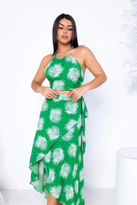Imagem de Kit Saia Envelope Midi Longa Transpassada E Cropped - FOLHAS VERDE