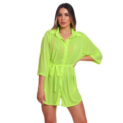 Imagem de Kit Saída de Praia Chemise Camisão Feminino + Biquini Cortininha de Amarrar Canelado