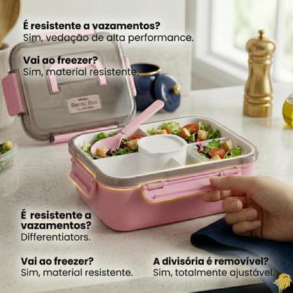 Imagem de Kit Saladeira Marmita Dois Niveis Com Talheres Bento Capacidade 1,1 Litro Rosa Facil Montagem Servir