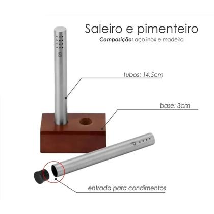 Imagem de Kit Saleiro E Pimenteiro De Mesa Aço Inox C/ Suporte Moderno