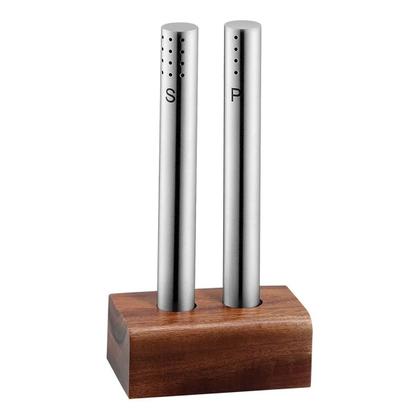 Imagem de Kit Saleiro E Pimenteiro De Mesa Aço Inox C/ Suporte Moderno