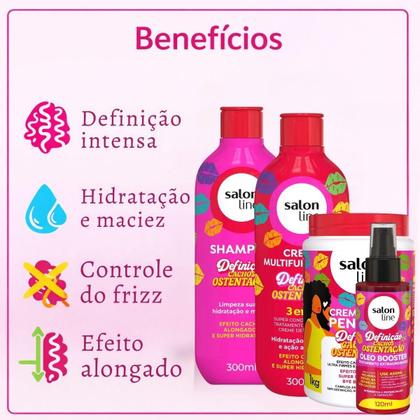 Imagem de Kit Salon Line Definição Cachos Ostentação: Shampoo e Creme Multifuncional + Creme Pentear 1Kg e Óleo Booster