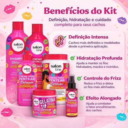Imagem de Kit Salon Line Definição Cachos Ostentação: Shampoo e Creme Multifuncional + Gelatina, Óleo Booster , Creme de Pentear 300ml e 1kg