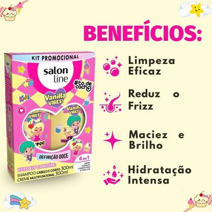 Imagem de Kit Salon Line Kids Vanilla Vibes! ToDeCacho: Shampoo Cabelo e Corpo e Creme Multifuncional 300ml