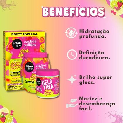 Imagem de Kit Salon Line Pink Lemonade Cachos Dos Sonhos: Shampoo, Creme Multy, Creme Capilar 1kg e Gelatina Capilar 550g