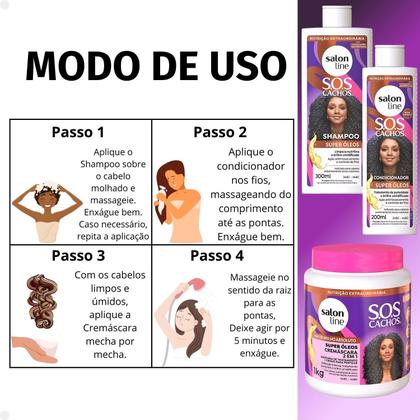 Imagem de Kit Salon Line SOS Cachos Super Óleos: Shampoo 300ml e Condicionador 200ml + Cremáscara 2 em 1 1kg