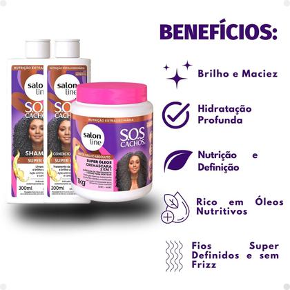 Imagem de Kit Salon Line SOS Cachos Super Óleos: Shampoo 300ml e Condicionador 200ml + Cremáscara 2 em 1 1kg