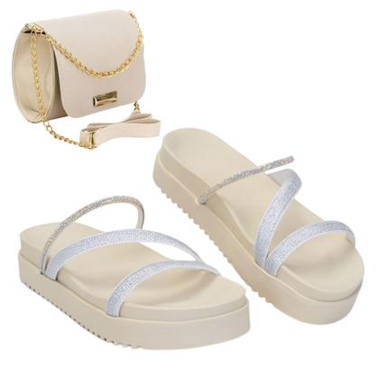 Imagem de Kit Sandália Feminina Papete Flatform Chinela  Brilho Strass + Bolsa Feminina Transversal 