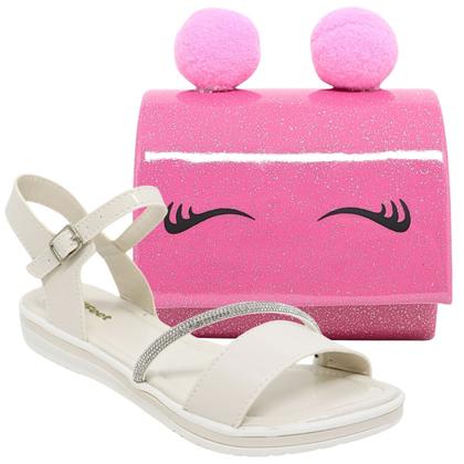 Imagem de Kit Sandalia Infantil Menina Delicada Tira Strass E Bolsa Criança De Pompom Moderna Alça de Corrente
