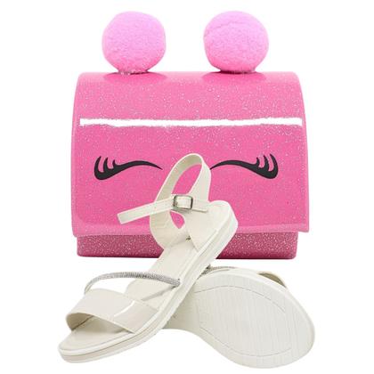 Imagem de Kit Sandalia Infantil Menina Delicada Tira Strass E Bolsa Criança De Pompom Moderna Alça de Corrente