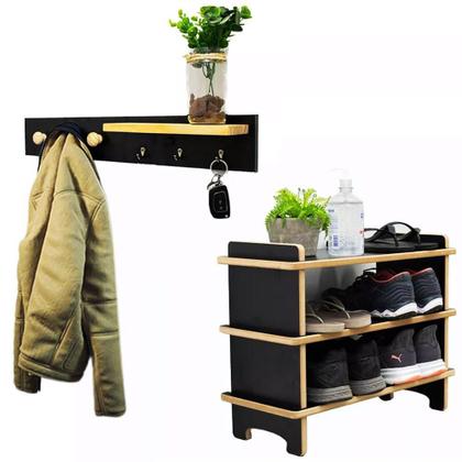 Imagem de Kit Sapateira Banco e Cabideiro Porta Chaves, Boné e Bolsas em MDF EVALD