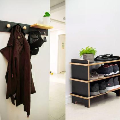 Imagem de Kit Sapateira Banco e Cabideiro Porta Chaves, Boné e Bolsas em MDF EVALD