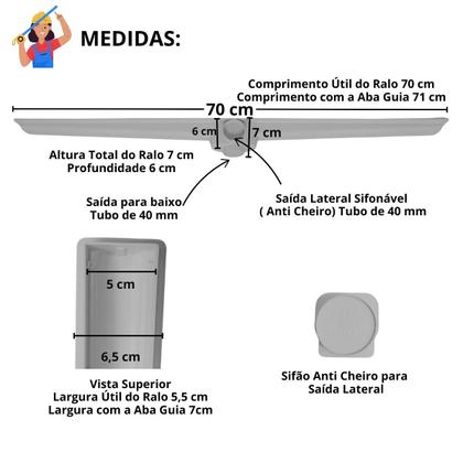 Imagem de Kit Seca Box Linear 5x70 + Ralo 10x10 Inox 2 em 1 Invisível Oculto Base Branca Banheiro
