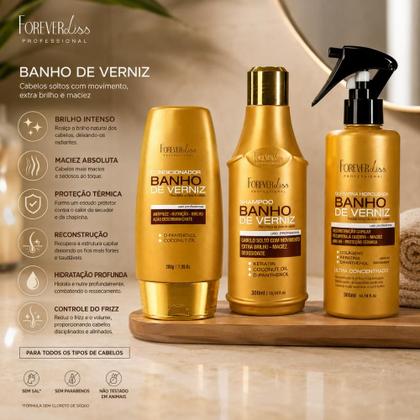 Imagem de Kit shampoo + condicionador + queratina líquida banho de verniz forever liss  hidratação intensa, reconstrução capilar