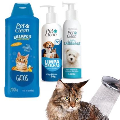 Imagem de Kit Shampoo Gato + Limpa Lágrima + Limpa Orelha Pet Clean