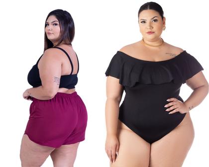 Imagem de Kit Short Feminino Plus Size Saída De Praia + Body Babado Ciganinha Com fecho