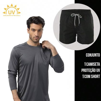 Imagem de Kit Shorts Bermuda TACTEL + Camiseta Academia Corrida MANGA LONGA PROTEÇÃO UV SOLAR 733