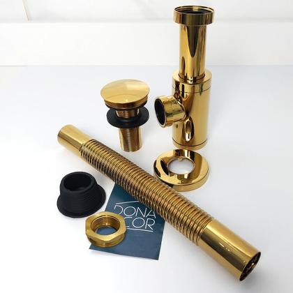 Imagem de Kit Sifão Copo Dourado Metal ⅞ Tubo Ajustável E Válvula Click Inox Ralo De Pia Banheiro Lavatório