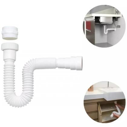Imagem de Kit Sifão Sanfonado Extensível com 6 unidades PVC Branco Até 70cm Cozinha Pia Banheiro Tanque Universal