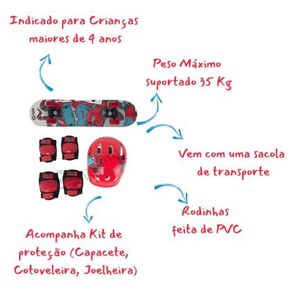 Imagem de Kit Skate Infantil Completo + Acessórios de Proteção Capacete Joelheira Cotoveleira Meninos