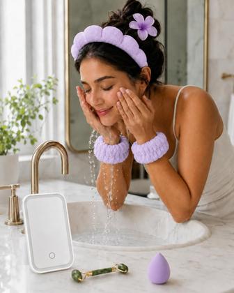 Imagem de Kit Skincare Completo Espelho Led Tiara Rolo Jade Presilha