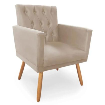 Imagem de Kit Sofá 2 Lugares Decorativo Para Sala de Estar Pés Madeira Retro Nina Captonê+ 02 Poltronas Nina Captone + Puff Banqueta classic Redondo bege